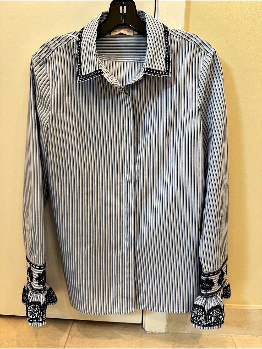 Tory Burch Blue Striped Embroidered Ruffle Cuff Button Down Shirt Size 6